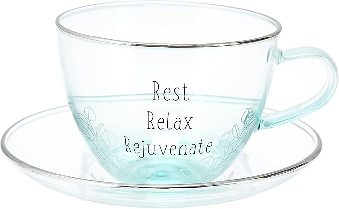 Pavilion Gift Company - Rest Relax Rejuvenate - 7 oz Teacup And 5.25" Saucer Plate Set Expresso Shot Tea Party Cappuccino Coffee Mug Drinkware Glass Tranquil Self Care Affirmations Positivity