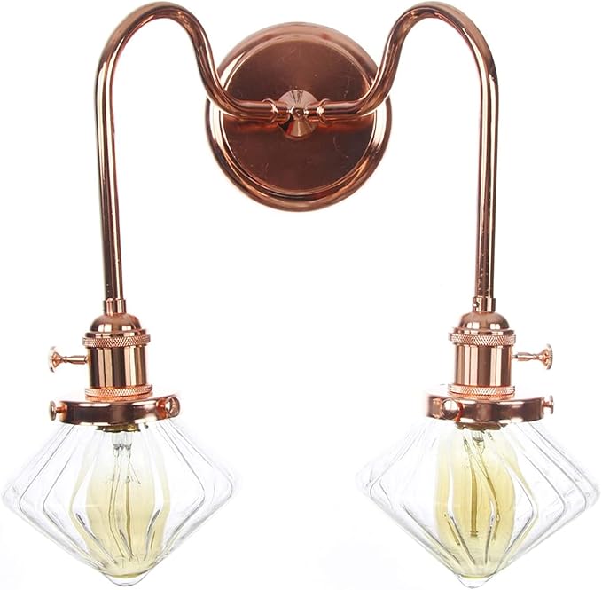 Wall Lamps with Switch, 2-Lights Rose Gold Bathroom Vanity Lights Wall Mounted Lighting Clear Glass Lampshade Wall Sconces(Color:C)