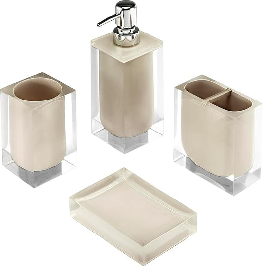 Izod – Bathroom Accessory Set, Clear Resin with Painted Linen Look Finish, Decorative Lotion Pump, Soap Dish, Toothbrush Holder & Tumbler (Marina)