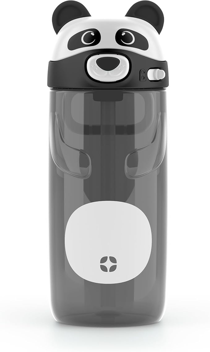 Ello Ellies 16oz Plastic Kids Water Bottle with Straw and Built-in Carrying Handle and Leak-Proof Locking Lid for School backpack, Lunchbox and Outdoor Sports, Panda