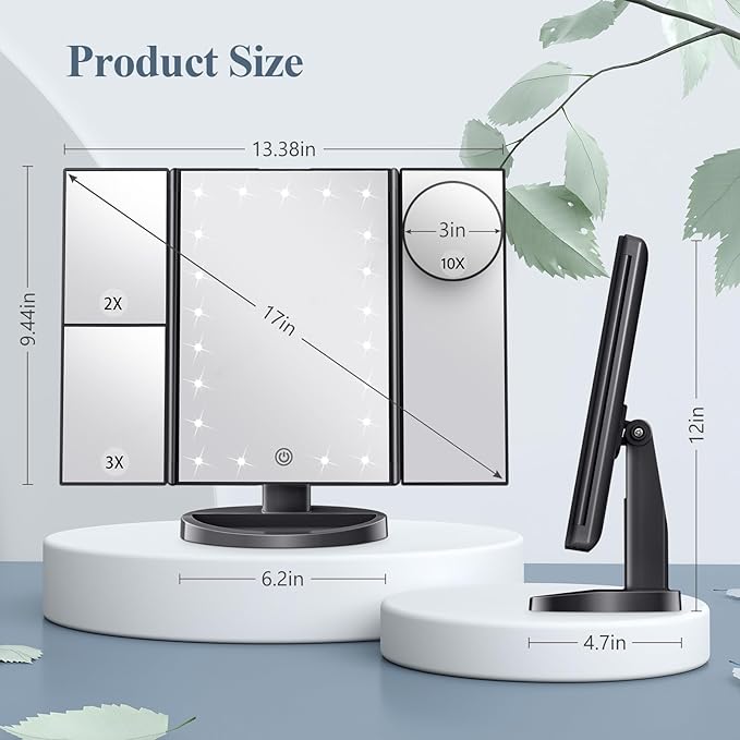 HUONUL Makeup Mirror, Vanity Mirror with Lights, 2X/3X/10X Magnification, Touch Control, Trifold, Dual Power Supply, Mothers Day for Mom Gifts,Gifts for Women, Wife, Mom, Girls,Dorm Room Essentials
