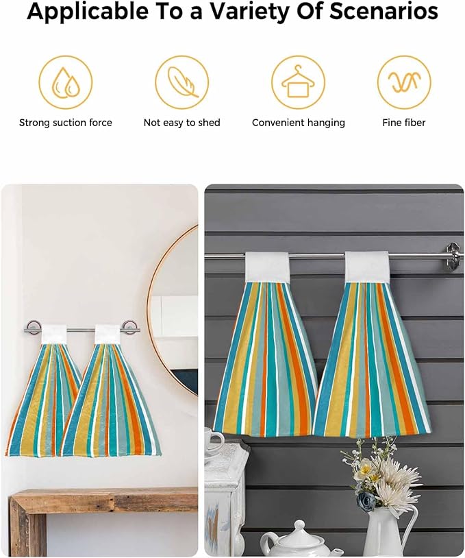 Alandar Home Kitchen Tie Towel Set of 1, Blue Yellow Green Stripes Absorbent Soft Hand Towels for Bathroom Hanging Towels, Colorful Vertical Stripes Fast Drying Cleaning Cloth with Loop