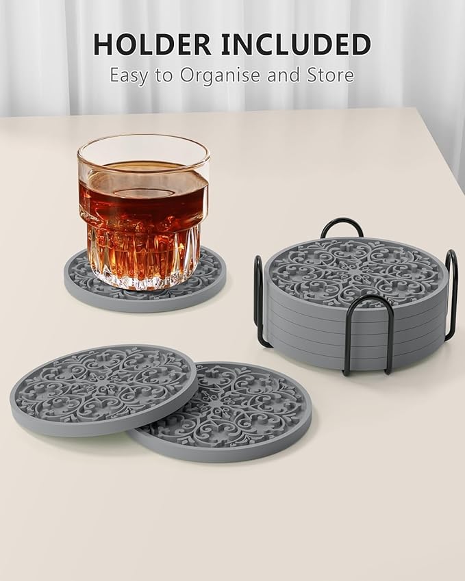 Drink Coasters, Coasters Set of 6 for Cup with Holder, Non-Slip Silicone Cup Mats for Hot and Cold Drinks, Cute Absorbent Coffee Bar Accessories Table Decor, Grey