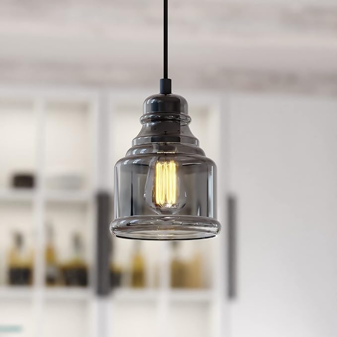 VAXCEL Millie Matte Black Mini Pendant Ceiling Light Smoke Gray Bell Glass