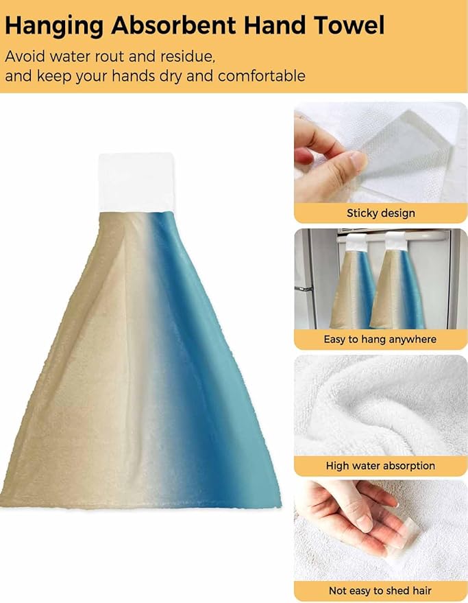 Alandar Home Kitchen Tie Towel Set of 2, Gradient Blue Beige Farmhouse Absorbent Soft Hand Towels for Bathroom Hanging Towels, Modern Watercolor Art Fast Drying Cleaning Cloth with Loop