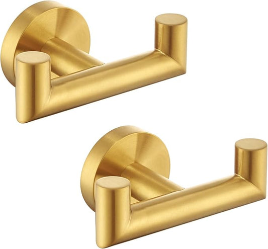 Angle Simple Towel Double Hook Brushed Dark Gold 2 PCS, SUS304 Stainless Steel Bathroom Hand Towel Holder, Double Robe Hook, Wall Mount