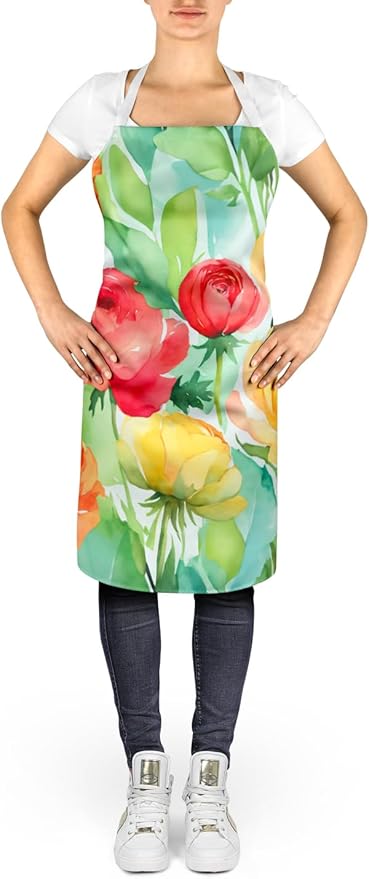 Caroline's Treasures Ranunculus in Watercolor Apron Cooking Kitchen Server Baking Crafts Gardening for Adult Women Men, Unisex, Large, Multicolor