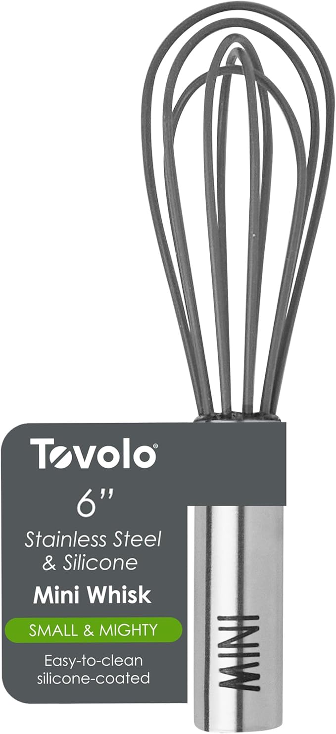 Tovolo Mini Whisk Stainless Steel 6 Inch Tiny Whipper Silicone Whisker for Cooking Blending Mixing Stirring Egg Beating, Easy to Clean Dishwasher Safe Small Kitchen Mini Metal Whisk, Charcoal Gray