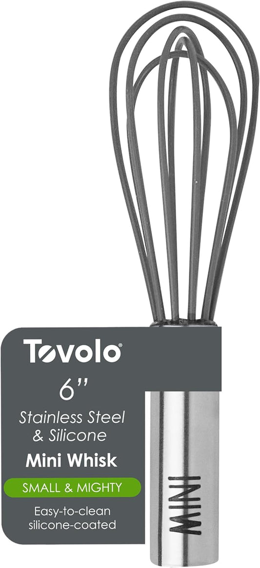 Tovolo Mini Whisk Stainless Steel 6 Inch Tiny Whipper Silicone Whisker for Cooking Blending Mixing Stirring Egg Beating, Easy to Clean Dishwasher Safe Small Kitchen Mini Metal Whisk, Charcoal Gray