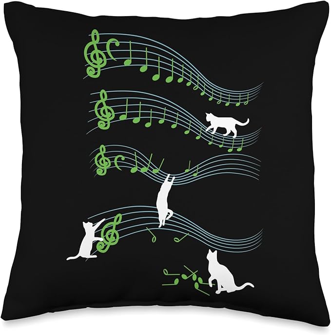 Funny Cute Cat Playing On Musical Notes Sheets Music Lover Throw Pillow