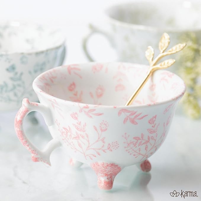 Karma, 8 oz Hand Painted Ceramic Tea Cup - Floral Cups for Tea and Coffee - Ceramic Coffee Mugs for Women and Men, Blue