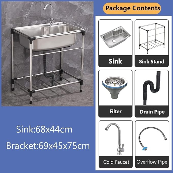 Free Standing Stainless Steel Single Bowl Sink with Faucet, Prep & Utility Washing Hand Basin W/Storage Shelves (Restaurant, Kitchen, Laundry, Garage) (Color : Silver, Size : 68x44cm) (Silver 68x