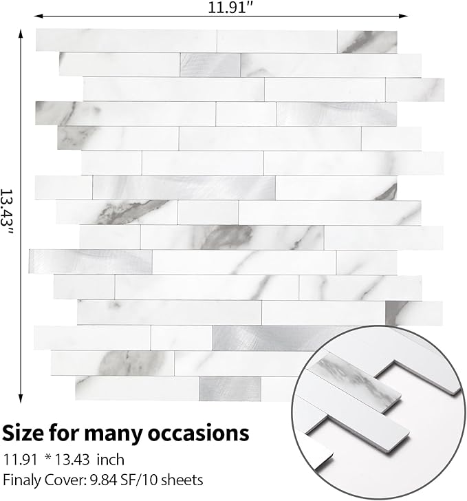 Yipscazo 2026 New Upgrade Peel and Stick Stone Metal Tile Backsplash, Stick on Tiles for Backsplash Kitchen, Bathroom (20 Sheets, Marble White Metal)