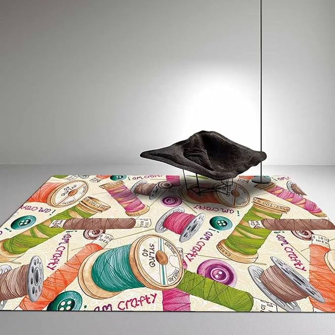 Multicolor Sewing Material Pattern Rugs for Bedroom Non-Slip Low Pile Rustic Farmhouse Print Carpet Office Decor Fashion Sewing Machine Themed Area Rug Mats 5'x7'