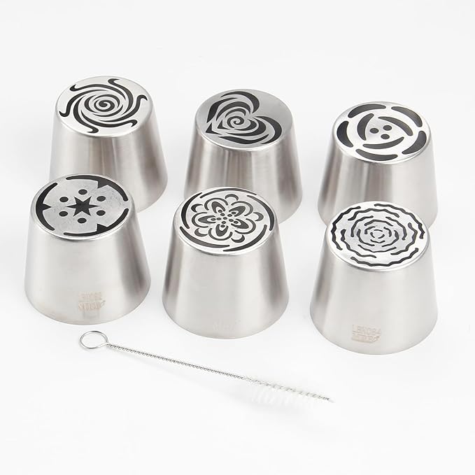 Extra Large Russian Piping Tip Set - 6 Stainless Steel Marshmallow Buttercream Framing Nozzles for 3D Roses Tulip Cake Decorations and Marshmallow Bouquets, Includes 1 Cleaning Brush(6I)