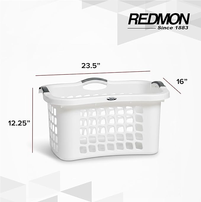 Redmon Comfort Grip Clothes Basket, Durable Plastic Laundry Storage with Ergonomic 3 Side Handles and Vented Design for Easy Carrying, White