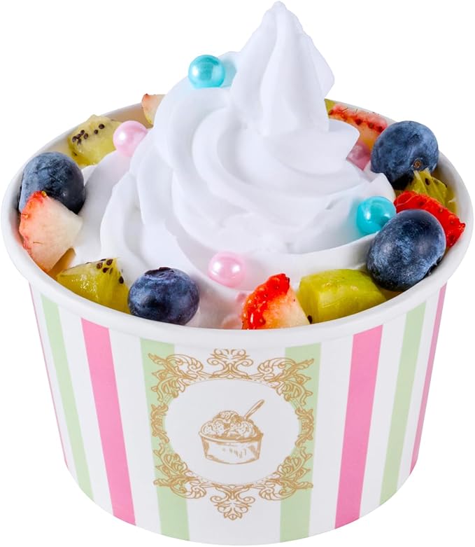Coppetta 8 Ounce Dessert Cups, 50 Greaseproof Ice Cream Cups - Lids Sold Separately, For Hot And Cold Foods, Green And Pink Stripe Paper Yogurt Bowls, Disposable, Sturdy - Restaurantware