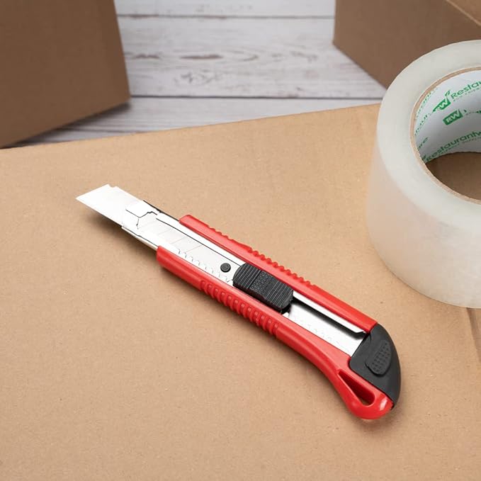 Handy Tek 6.5 Inch Utility Knives, 4 Anti-Slip Box Knives - Heavy Duty, Retractable, Red Plastic Box Cutters, Built-In Lock, Sharp Blade - Restaurantware