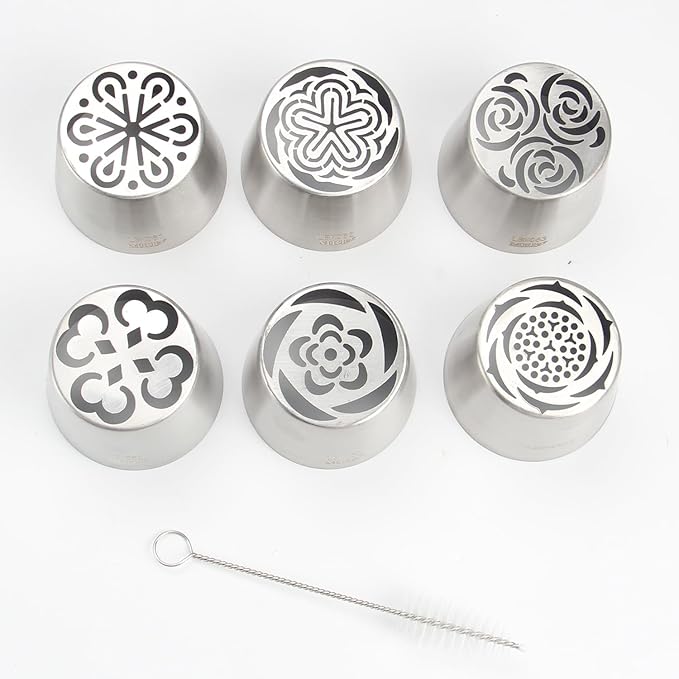 Extra Large Russian Piping Tip Set - 6 Stainless Steel Marshmallow Buttercream Framing Nozzles for 3D Roses Tulip Cake Decorations and Marshmallow Bouquets, Includes 1 Cleaning Brush(6E)