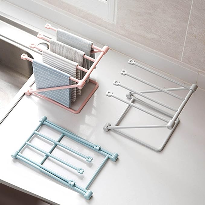 GOTOTOP Folding Towel Drying Rack with 4 Arms, Hanging Towel Holder for Kitchen Organization, Well Organized, Easy to Take (Light Blue)