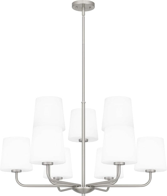 Quoizel Gallagher 2-Tier Chandelier, 32 Inch 9-Light Brushed Nickel Hanging Ceiling Light Fixture, Max Adjustable Height 57", Modern Industrial Design for Dining, Living Room, Kitchen or Office