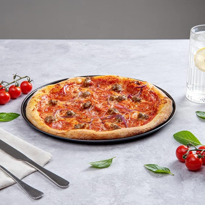 Restaurantware Met Lux 13" Pizza Pan with Pizza Cutter Bundle - Stainless Steel Commercial Pizza Wheel with Finger Guard and Aluminum Pizza Disk Tray - Professional Pizza Making Set