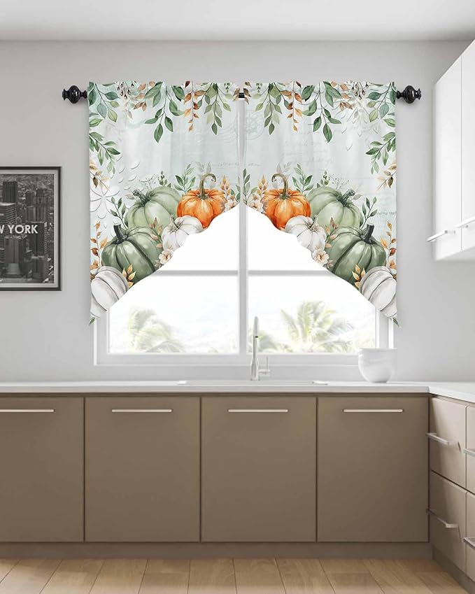 Sage Green Orange Pumpkins Eucalyptus Leaves Fall Swag Valance Curtains Autumn Thanksgiving Vintage Texture Rod Pocket Kitchen Curtains, Scalloped Window Treatment Valances, 1 Pair, 28"W x 36"L