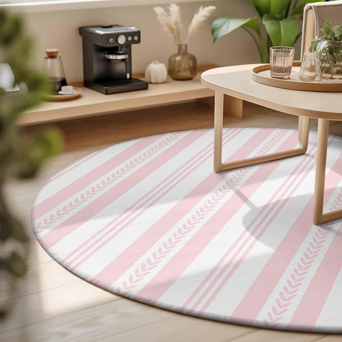 Washable Round Area Rug Abstract Leaf Geometric Line Circle Rugs Floor Carpet for Living Room Bedroom, Modern Pink Stripe Theme Soft Non Slip Round Rug 3ft