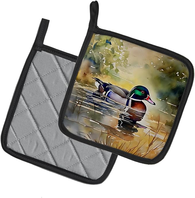 Caroline's Treasures Wood Duck Pair of Pot Holders Kitchen Heat Resistant Pot Holders Sets Oven Hot Pads for Cooking Baking BBQ, 7 1/2 x 7 1/2