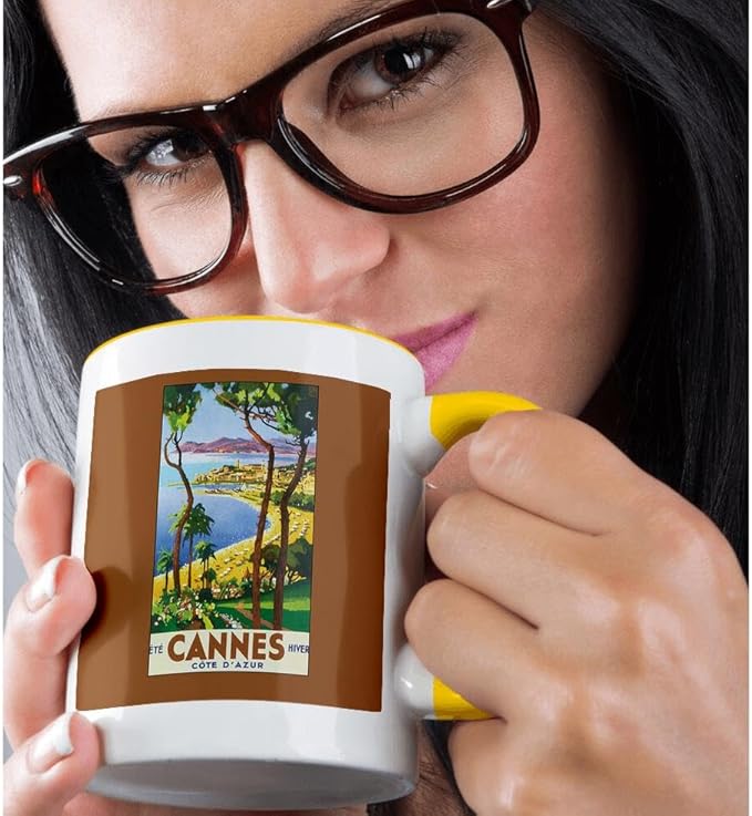 3dRose Cannes Cote D Azur Colorful Beach Travel Luggage Label 15oz Two-Tone Yellow Mug
