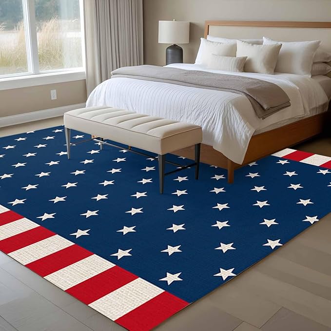 Area Rug 6x9ft, American Independence Day Washable Rugs for Living Room Bedroom, USA Stars on Blue Red White Border Soft Non-Slip Area Rugs Rectangle Floor Carpet for Dining Room