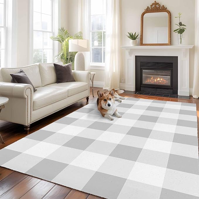 Area Rug 6x9ft, Light Grey White Plaid Washable Rugs for Living Room Bedroom, Farmhouse Decoration Buffalo Check Soft Non-Slip Area Rugs Rectangle Floor Carpet for Dining Room