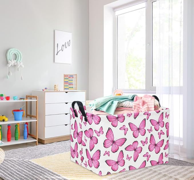 HIYAGON Rectangular Butterfly Pink Kids Storage Basket - Baby Girl Basket Toy Storage Bin Organizer Box Rainbow Room Decor