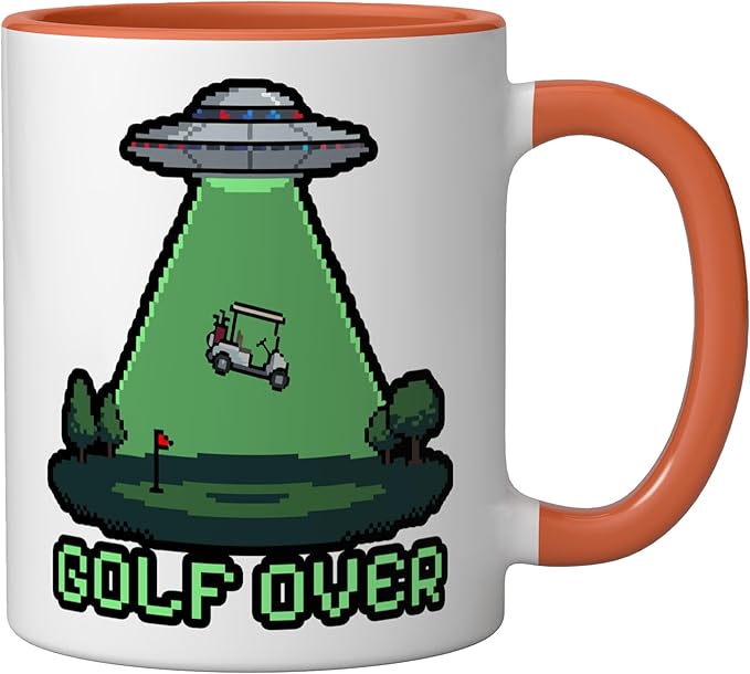 Retro Funny GOLF OVER Pixel Art UFO Abducting Golf-Cart Ceramic Mug, Orange/White