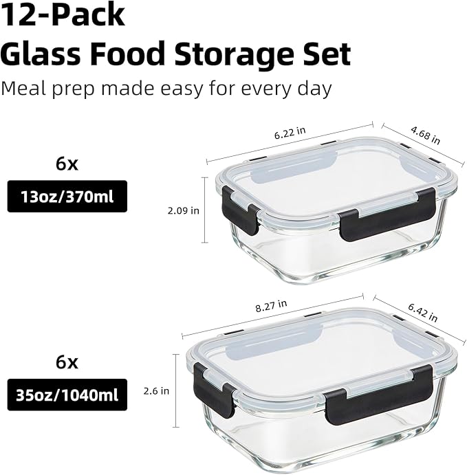 Konokyo Rectangular Glass Food Storage Containers with Lids, 24 Pack Airtight Leakproof Meal Prep Containers, BPA-Free, Microwave Oven Freezer & Dishwasher Safe, Assorted Sizes