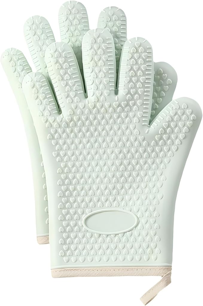 Silicone Oven Mitts with Fingers 2 Pack, Heat Resistant Kitchen Oven Gloves, Non‑Slip Waterproof Green Cooking Gloves with Cotton Lining for Baking, Grilling, BBQ
