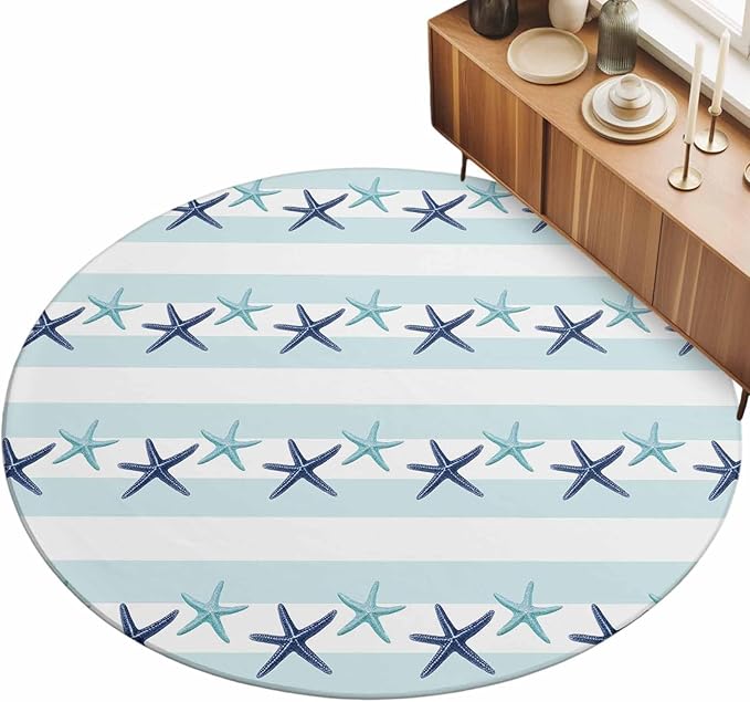 Washable Round Area Rug Summer Coastal Starfish Blue Teal Circle Rugs Floor Carpet for Living Room Bedroom, Watercolor Ocean Theme Stripe Soft Non Slip Round Rug 5ft
