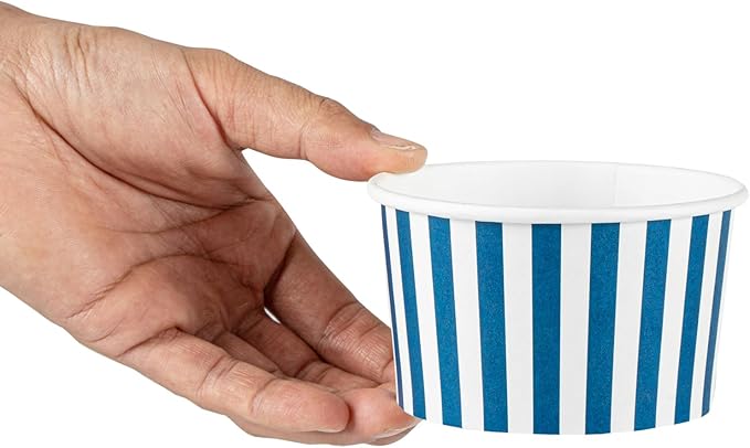 Restaurantware Coppetta 12 Ounce Dessert Cups, 50 Disposable Ice Cream Cups - Lids Sold Separately, Sturdy, Blue And White Paper FroYo Bowls, Striped, For Hot And Cold Foods, Perfect For Gelato