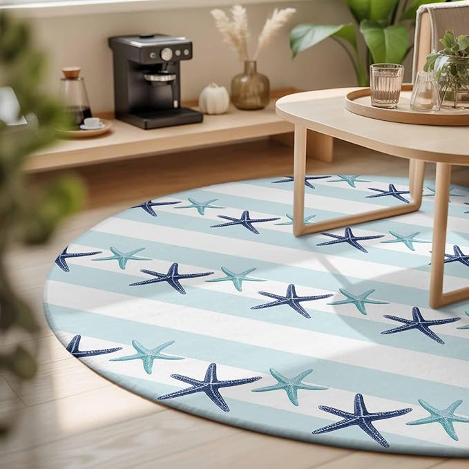 Washable Round Area Rug Summer Coastal Starfish Blue Teal Circle Rugs Floor Carpet for Living Room Bedroom, Watercolor Ocean Theme Stripe Soft Non Slip Round Rug 3ft