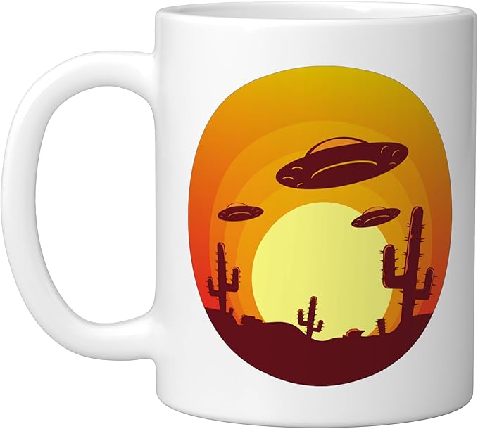 UFO Alien Abduction Conspiracy Vintage Nevada Desert Sunset Ceramic Mug, White