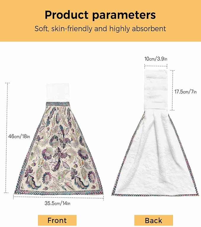 Alandar Home Kitchen Tie Towel Set of 2, Paisley Style Flowers Absorbent Soft Hand Towels for Bathroom Hanging Towels, Abstract Ethnic Floral Art Fast Drying Cleaning Cloth with Loop