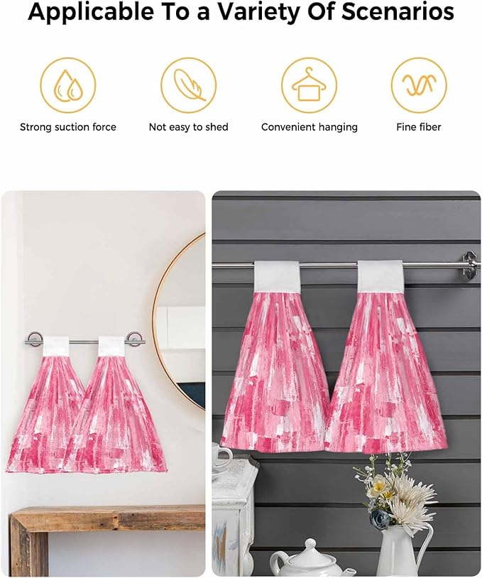 Alandar Home Kitchen Tie Towel Set of 2, Modern Pink Painting Texture Absorbent Soft Hand Towels for Bathroom Hanging Towels, Abstract Graffiti Art Fast Drying Cleaning Cloth with Loop
