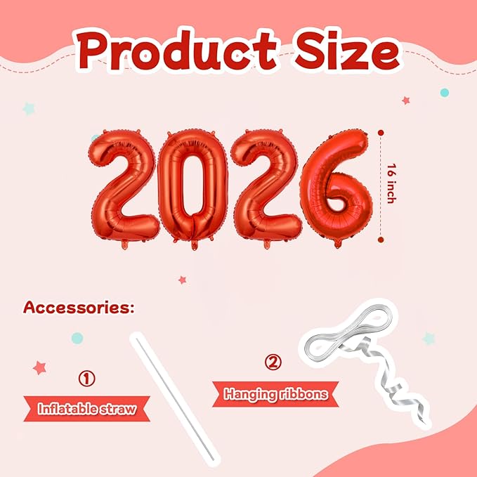 Red 2026 Balloons, 16 Inch Foil 2026 Number Balloons, Grad Balloons for Class of 2026 Graduation Party, Red Matellic Foil New Year Birthday Home Office Party Supplies