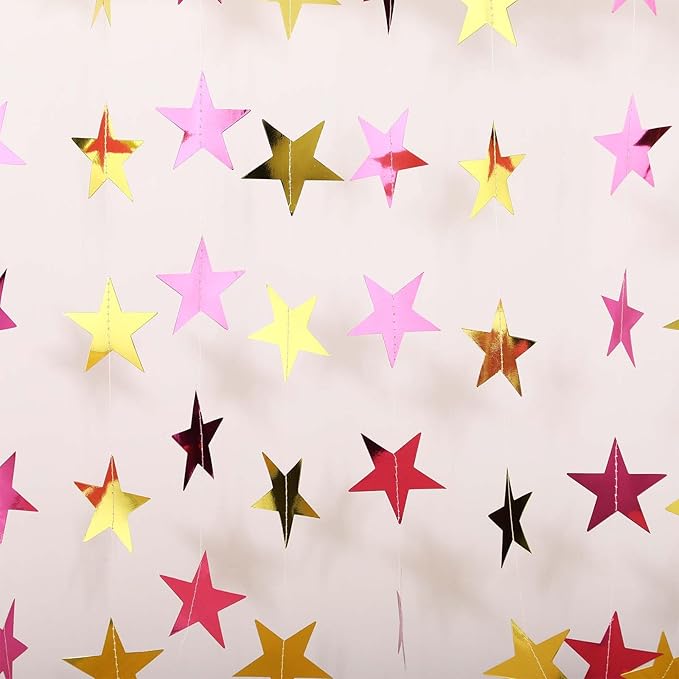 Patelai 78 Feet Glitter Star Garland Banner 2026 Party Decoration Double Side Star Hanging String Streamer Paper Twinkle for Graduation Wedding Birthday (Gold and Pink)