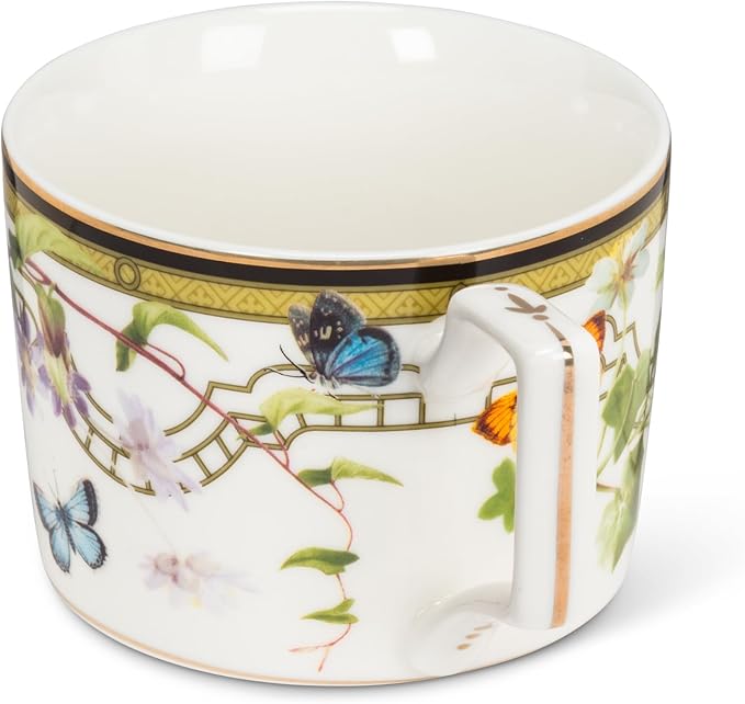 Abbott Collection Butterfly Garden Teacup & Saucer - Bone China, White/Green, 3"H (8oz)
