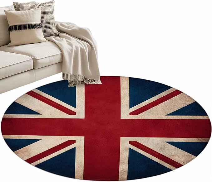 Washable Round Area Rug Vintage Union Jack Flag Circle Rugs Floor Carpet for Living Room Bedroom, Reerto Flags of The United Kingdom Soft Non Slip Round Rug 4ft