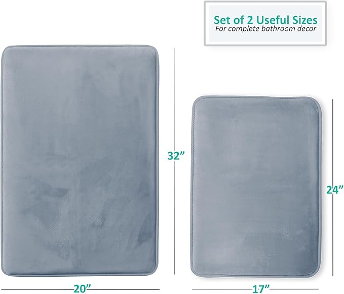 Clara Clark 2 Piece Bathroom Rug Set - Memory Foam, Bath Mat Set, Plush, Cozy, Ultra Soft, Non Slip, Machine Washable, Quick Dry - 24” x 17”+ 32” x 20” - Stone Blue