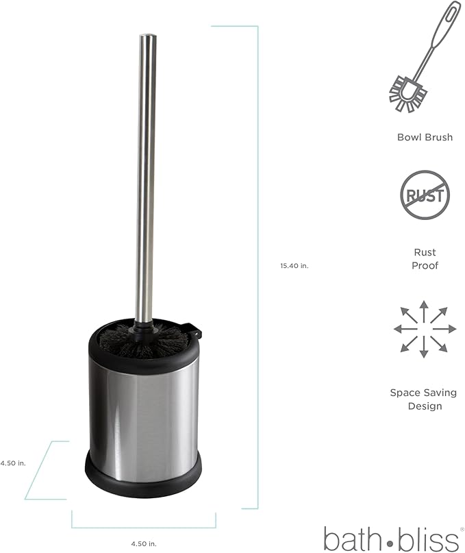 Bath Bliss Toilet Brush and Holder | Self Closing Lid | 360 Degree Brush Head | Bathroom Cleaning | Compact Size | Storage and Organization | Stainless Steel