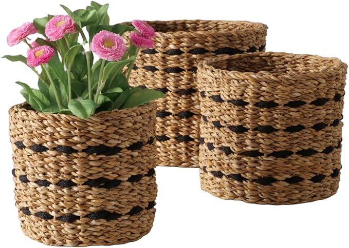 WHW Whole House Worlds Black Striped Seagrass and Jute Baskets, Round, Natural Chunky Sweater Weave, Set of 3, Made by Hand, from 9.75, 8.25, and 6.75 D Inches