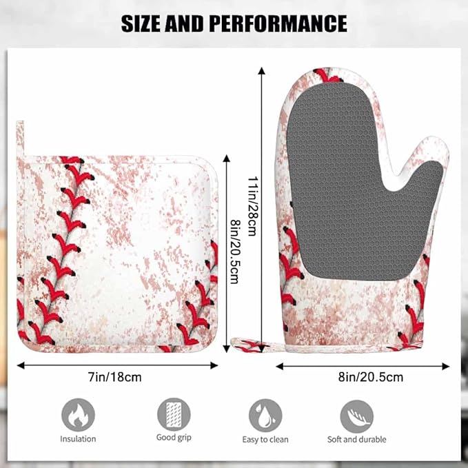 Mxocom Baseball Background Silicone Oven Mitts and Pot Holders Sets BBQ Gloves for Kitchen,Cooking,Baking,Grilling